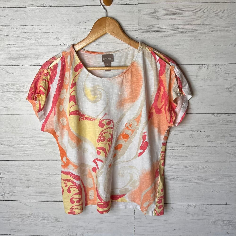 Chicos Blouse Womens Size 1/Medium Colorful Swirl Short Sleeve 100% Cotton - Picture 3 of 16